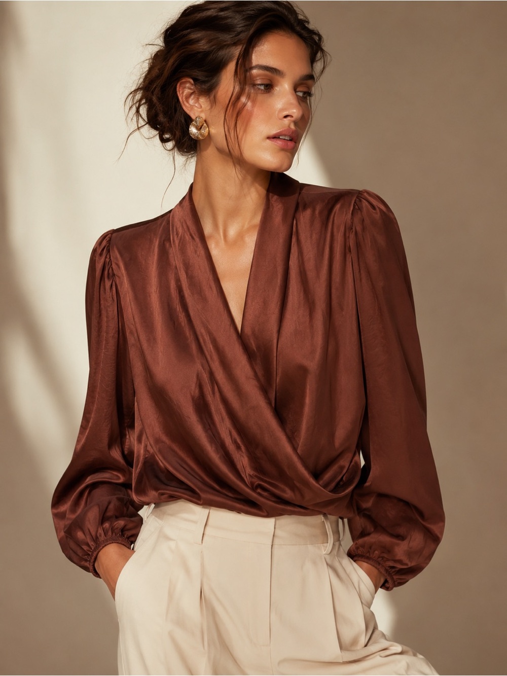 New Aritzia Wilfred Satin Wrap Blouse in Rich Brown Large L